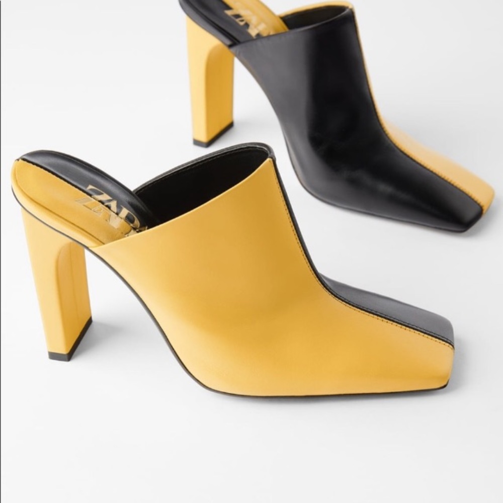 Zara leather heeled mules split black & yellow NWT